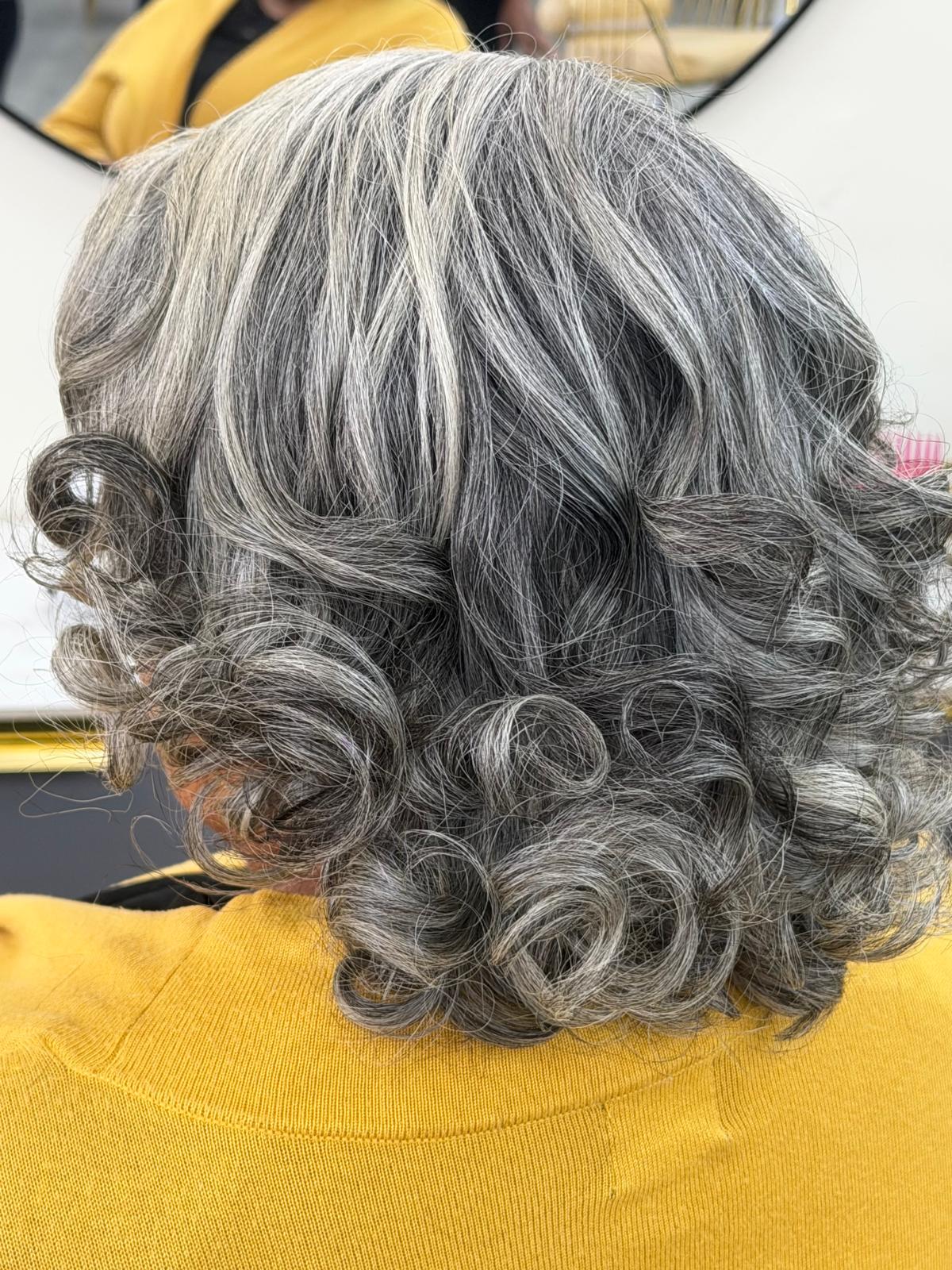 Silver curls roller set silk press result at Sinkor Beauty Salon — Middletown DE natural hair